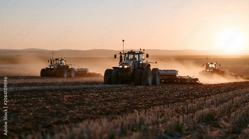 Fototapeta premium Wide establishing view of a precision no-till grain operation at golden hour, multiple seeding units working parallel passes across a field of standing stubble, GPS antenna towers