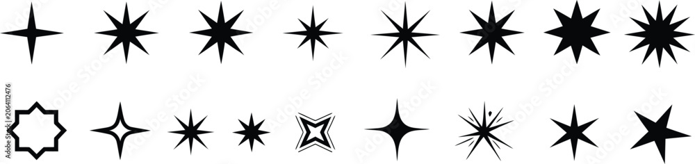 Obraz premium Abstract Starburst Shapes Collection, Geometric Spark Icons Set, Decorative Twinkle Symbols Vector Isolated Design Elements