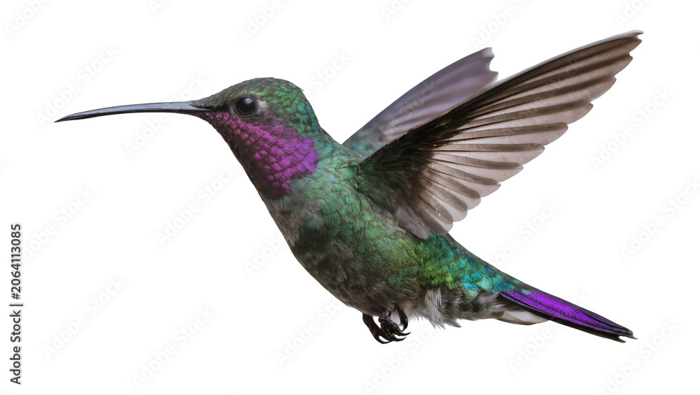 Obraz premium Green hummingbird with purple throat in flight