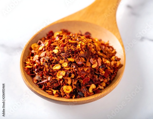 Spicy Crushed Red Chili Flakes Piled in Wooden Spoon on White Marble Surface