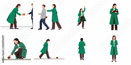 Obraz na plátně Honest woman finding and returning a lost wallet flat vector illustration set