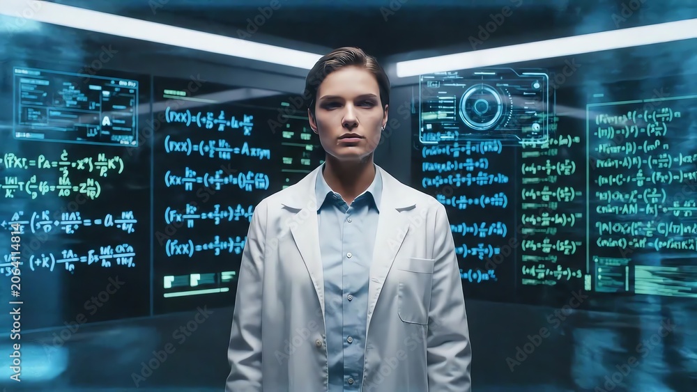 Fototapeta premium Serious Woman Scientist in Lab Coat Standing Before Futuristic Digital Displays with Equations