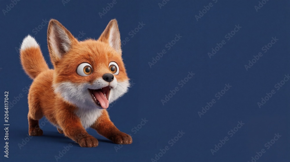 Fototapeta premium Cute little red fox cartoon character posing happily with tongue out on a solid blue studio background, funny 3D animal illustration for children book story, playful pup mascot with expressive eyes