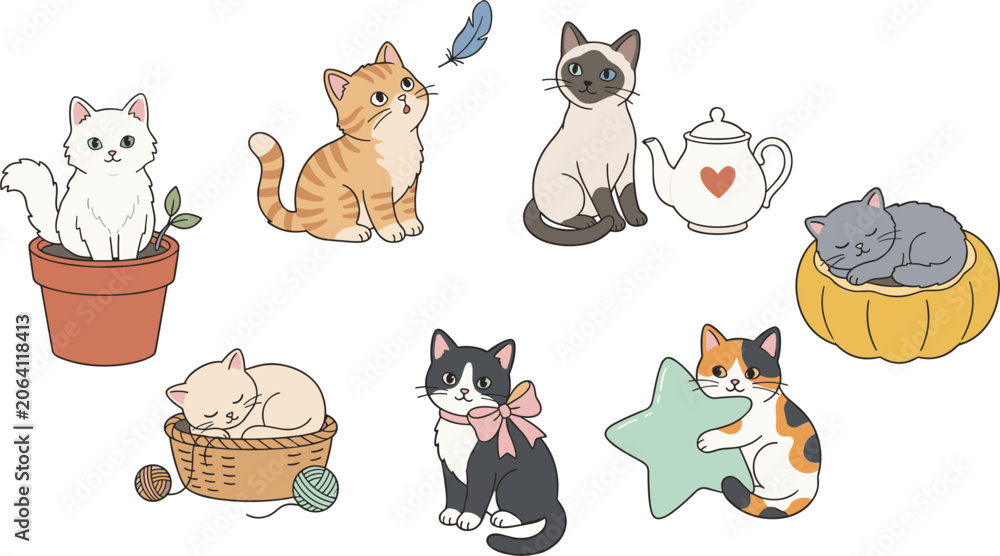 Fototapeta premium Cute Cozy Cat Vector Illustration Set Featuring Playful Kittens with Flower Pot Teapot Basket Pumpkin Cushion Ribbon and Star Elements