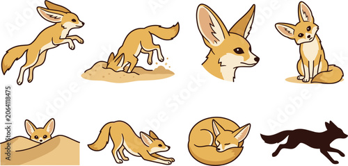 Canvas Print Cute Fennec Fox Vector Illustration Set Featuring Desert Wild Animals in Various