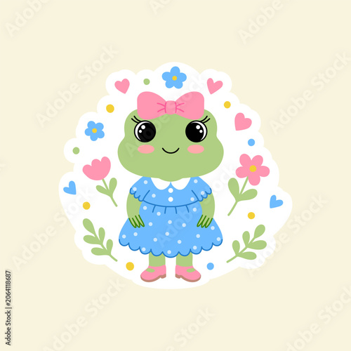 Girl frog sticker design. Vector mascot character in blue dress on cream backdrop.