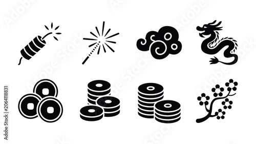 Obraz na płótnie Chinese New Year solid icon set featuring firecracker sparkler traditional cloud