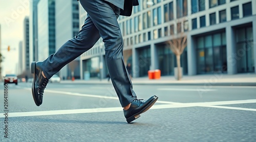 Closeup active shot of a businessman in navy blue suit running on the street in rush hour 