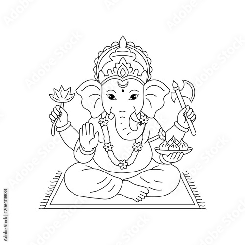 Lord Ganesha coloring page outline. Vector black and white Hindu deity line art character isolated on white background.