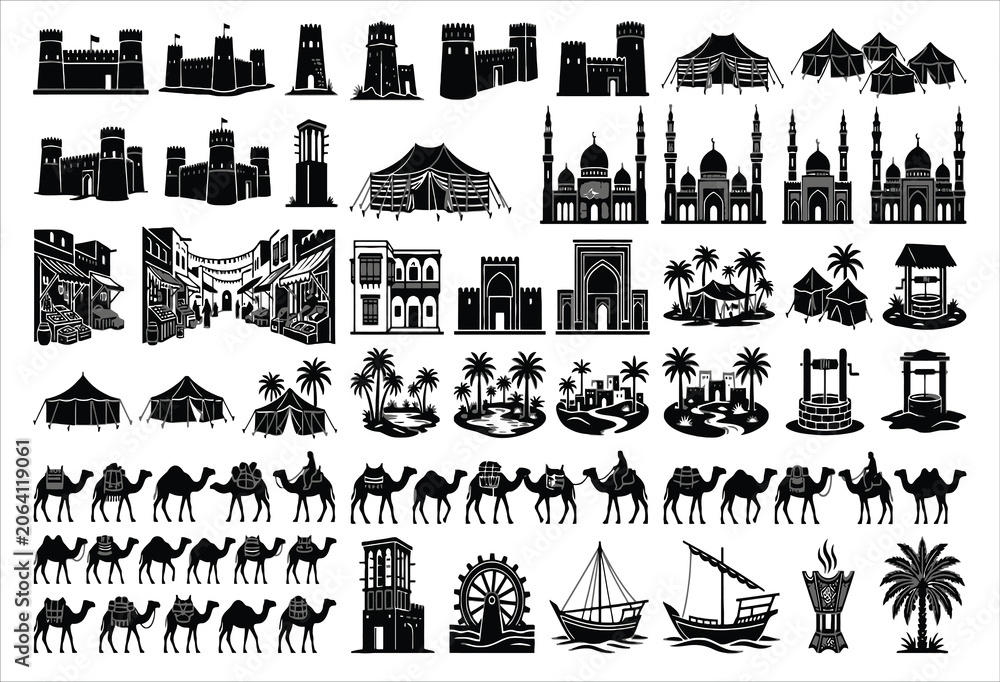 Obraz premium Middle Eastern Architecture And Desert Scenes Black And White Vector Illustration
