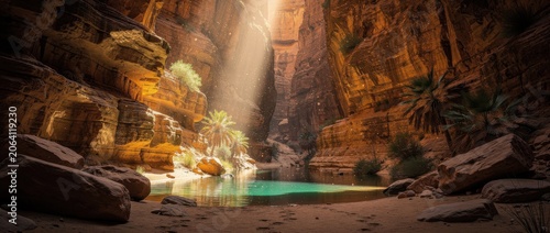 Serene Desert Canyon with Sunlight Streaming Through Rock Formations and A Quiet Oasis Surrounded by Palms and Sandy Shores