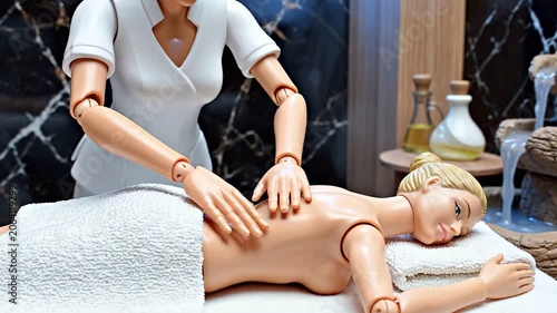 Masseur in uniform giving back massage to woman lying on towel in spa salon. Relaxing skin care treatment for therapy of body health and beauty wellness concept.