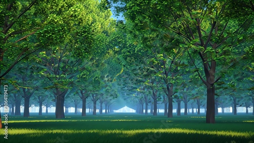 Lush Green Tree Lined Avenue with Sunlight and Blue Sky