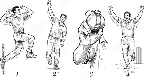 Cricket player celebrating and bowling in different poses