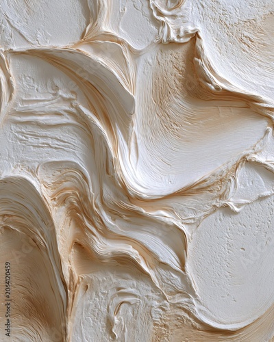 Abstract thick impasto oil paint texture with sweeping white and beige brushstrokes creating a sophisticated three-dimensional relief effect background