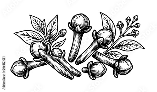 Stylized clove spice black and white vector botanical illustration