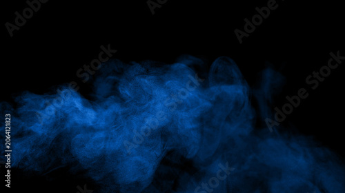 blue smoke, abstract element smog isolated on a black background. concept of texture mist, fog effect, and cloud for design air pollution