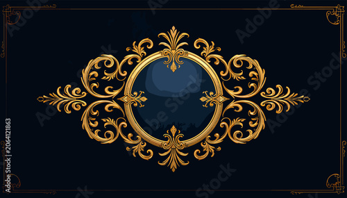 Bild auf Leinwand Ornate golden oval frame with intricate baroque scrollwork on a dark blue background, elegant classic design