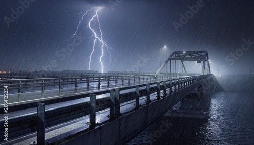 Dramatic Night Scene of a Bridge Under Thunderstorm with Lightning Striking in the Background and Heavy Rainfall Creating a Captivating Atmosphere
