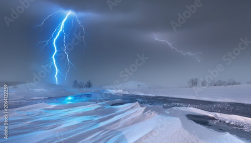 Dramatic Winter Storm with Lightning Striking Over Icy Landscape and Frozen River Under Moody Dark Sky and Snow-Covered Ground