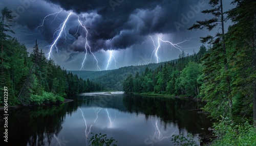 Dramatic Thunderstorm Over Serene Lake Surrounded by Lush Forest and Dark Clouds in Nature's Spectacular Display of Lightning and Reflection