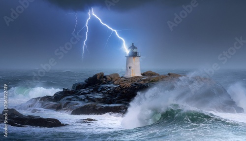 Stormy Seascape with Towering Lighthouse Battling Against Thunderous Waves and Dramatic Lightning in the Dark Sky