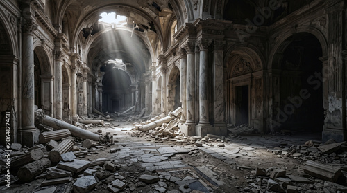 Cathedral ruins stand abandoned with crumbling stone columns and debris scattered across the floor as sunlight streams through the damaged roof.
