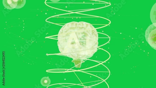 Neon brain floating spiral forming below driving helix trails flowing showing net on transparent bg