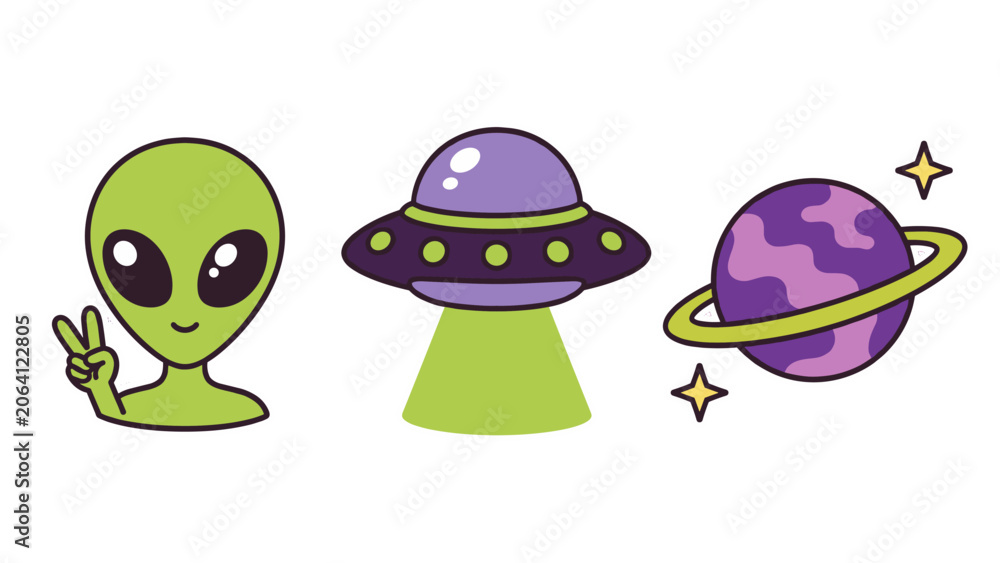 Obraz premium Cute alien, UFO, and ringed planet cartoon sticker set