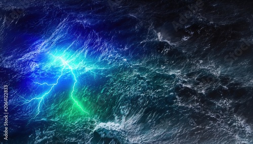 Bright Lightning Strikes Over Turbulent Ocean Waves Creating Dramatic Contrast of Light and Color in a Stormy Seascape with a Dark Atmosphere
