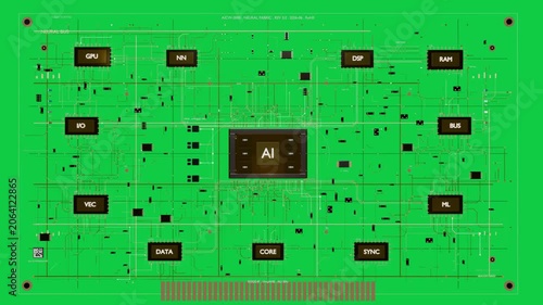 PCB schematic animating from AI module, visualizing blocks and traces on transparent background