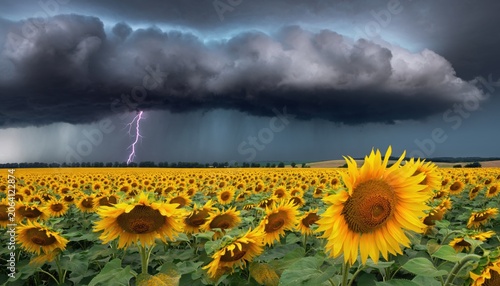 Dramatic Stormy Sky with Lightning over Vibrant Sunflower Field Under Thick Clouds