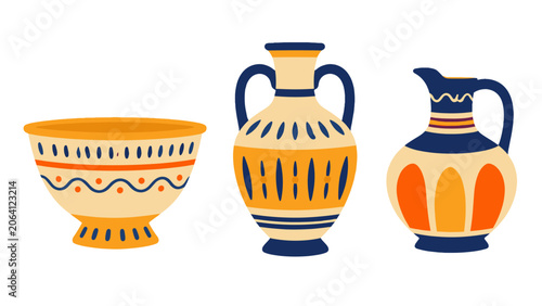 Canvastavla Decorative ceramic bowls and jugs in flat vector style