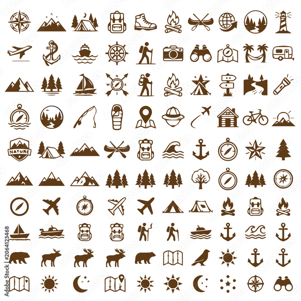 Obraz premium Collection of outdoor adventure and travel icons with adventure, mountains