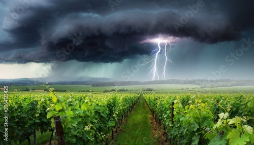 Dramatic Storm Over Vineyard with Dark Clouds and Lightning Illuminating the Landscape as Nature Showcases Its Power and Beauty