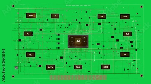 AI marker lighting, PCB drawing gold traces and modules, revealing layout on transparent background