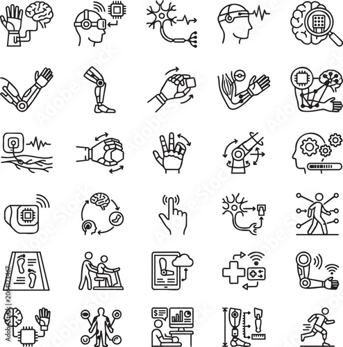 Neural Controlled Prosthetic Line Icons Set for Brain Computer Interface, Bionic Limbs and Healthcare Technology