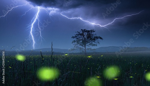 Dramatic Lightning Strike Over Serene Field with Glowing Fireflies Under Dark Stormy Sky at Dusk Providing a Beautiful Nature Scene