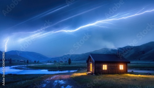 Serene Cabin by the River Under Dramatic Lightning Strikes in a Mountainous Landscape at Dusk with a Peaceful Atmosphere