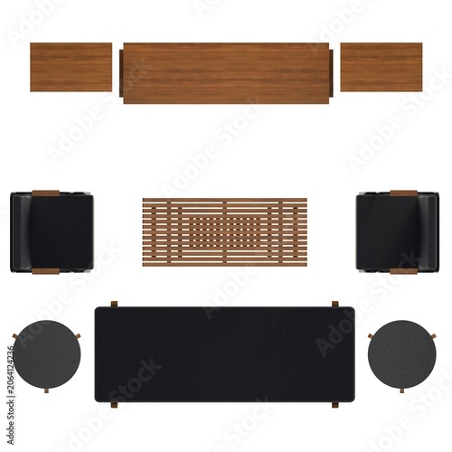 Top view of teak living room set with shelving units, TV cabinet, sofa, chairs, coffee table, and side table.