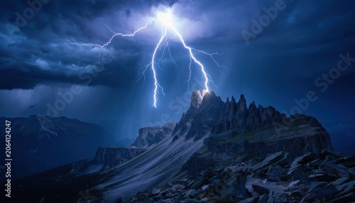 Dramatic Thunderstorm with Lightning Striking a Mountain Peak Under Dark Clouds at Dusk in a Majestic Natural Landscape