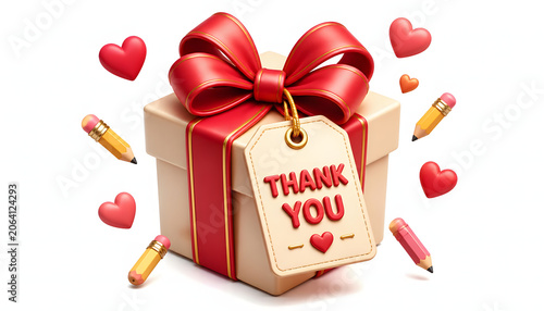 A beautifully rendered 3D illustration of a gift box adorned with a vibrant red ribbon and a prominent thank you tag, surrounded by floating hearts and pencils, perfect for expressing gratitude.