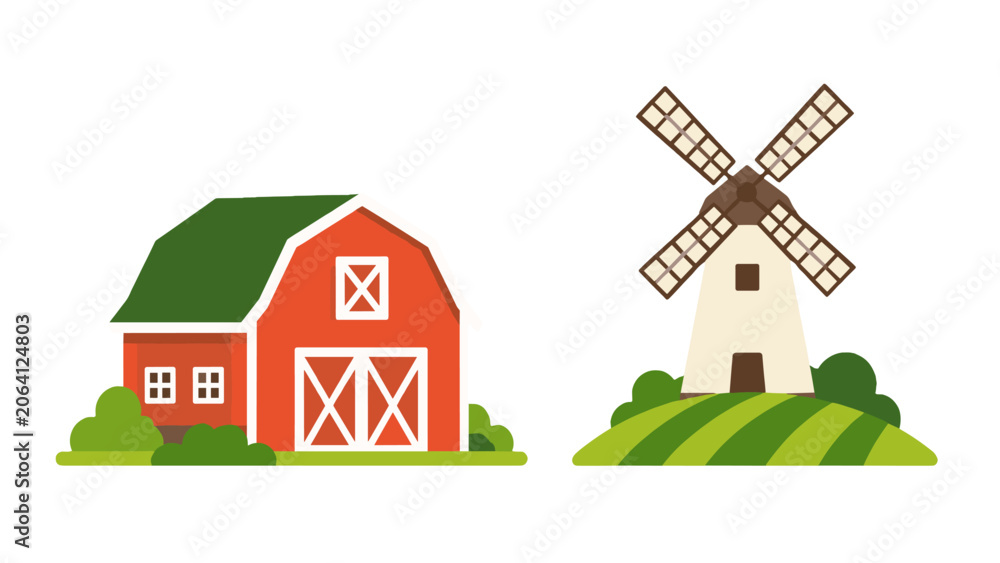 Fototapeta premium Barn and windmill on green farm landscape vector illustration