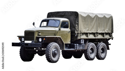 Quadro su tela Olive green military cargo truck with canvas cover