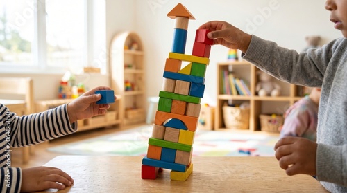 Two young children of diverse ethnicities play with colorful wooden blocks, building a tower with smiles and teamwork.