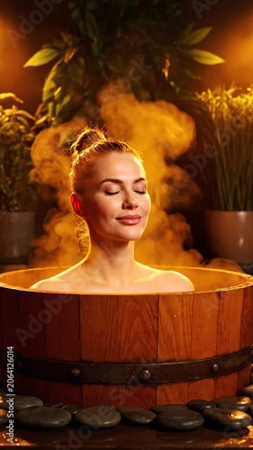 Woman relaxing in a wooden hot tub inside a spa. Girl enjoying steam bath with herbal mist and stone decor. Wellness therapy concept for health rejuvenation.