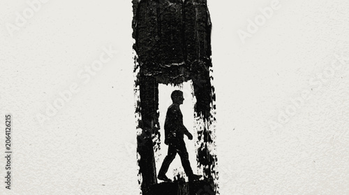 Abstract vertical black paint band with gritty dry brush texture and a