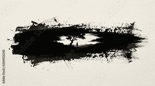 Bold black ink band with frayed dry brush edges and scattered paint sp