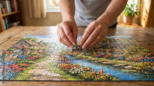A man placing the final puzzle piece into a vibrant landscape puzzle, showcasing a serene cottage scene.