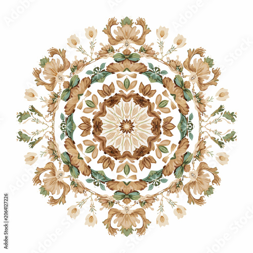 Foto Ornate symmetrical mandala with intricate floral and foliate patterns in earthy tones and teal accents on a white background